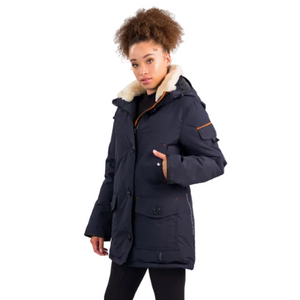 Outdoor Survival Canada OSC Womens Kasa US -20C Urban Shearling Trim Down Jacket in Cold Lake Blue on a Model Front Pose Using a Hand Warmer Pocket | ScoutTech Outfitters
