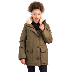 Outdoor Survival Canada OSC Womens Kasa US -20C Urban Shearling Trim Down Jacket in Military Green on a Model Front Facing Partially Unzipped | ScoutTech Outfitters Mississauga