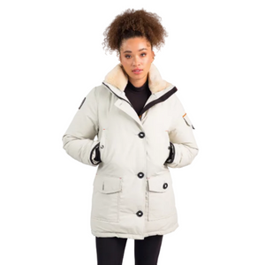 Outdoor Survival Canada OSC Women's Kasa US -20°C Urban Shearling Trim Down Jacket in Opal on a Model Front Facing Pose | ScoutTech Outfitters Mississauga Store