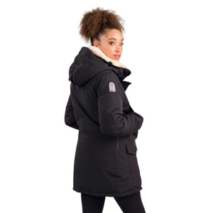 Outdoor Survival Canada OSC Womens Kasa US -20C Urban Shearling Trim Down Jacket in Orca Black on a Model Right Side Pose Showing OSC Brand Patch on Shoulder | ScoutTech Outfitters Mississauga