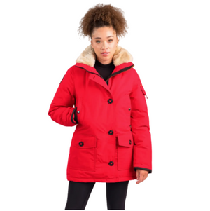 Outdoor Survival Canada OSC Women's Kasa US -20°C Urban Shearling Trim Down Jacket in Red Alert on a Model Front Facing Pose | ScoutTech Outfitters Mississauga Store