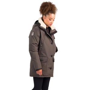 Outdoor Survival Canada OSC Womens Kasa US -20C Urban Shearling Trim Down Jacket in Steel Grey on a Model Right Side Pose with OSC Brand Patch | ScoutTech Outfitters Mississauga