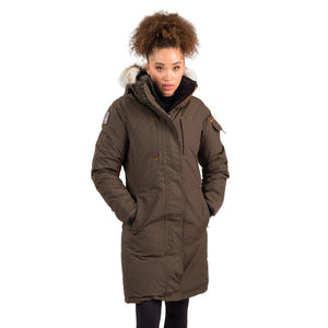 OS1081 Outdoor Survival Canada OSC Women's Nisto -40°C/F Down Parka in Alpine Moss Front on a Model Using the Handwarmer Pockets | ScoutTech Outfitters Mississauga Store