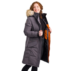Outdoor Survival Canada OSC Women's Siku -40 Down Knee Length Parka with Coyote fur Trim in Charcoal Grey with Front Unzipped on a Model in a Playful Pose | ScoutTech Outfitters Mississauga Store