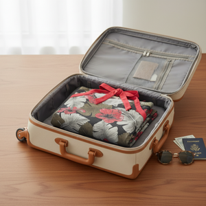 An open cream-colored suitcase with tan trim sits on a wooden table, containing a folded Patagonia Women's Iliana Organic Cotton Halter Tie Neck Dress in a tropical red, white and green floral print. A passport and sunglasses are placed beside it. | ScoutTech Outfitters Mississauga Store