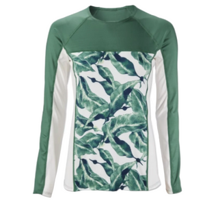 Patagonia Womens Micro Swell Rashguard in Green and White Block Pattern with Green Leaf Print against white background Size XL | ScoutTech Mississauga Store