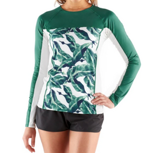 Patagonia Womens Micro Swell Rashguard in Green and White Block Pattern with Green Leaf Print worn by a model Size XL | ScoutTech Mississauga Store