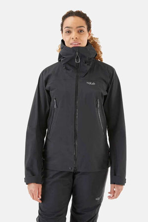 Rab Women's Kangri 3-Layer GORE-TEX Rain Shell Jackets in Black Front View on a Model | ScoutTech Outfitters