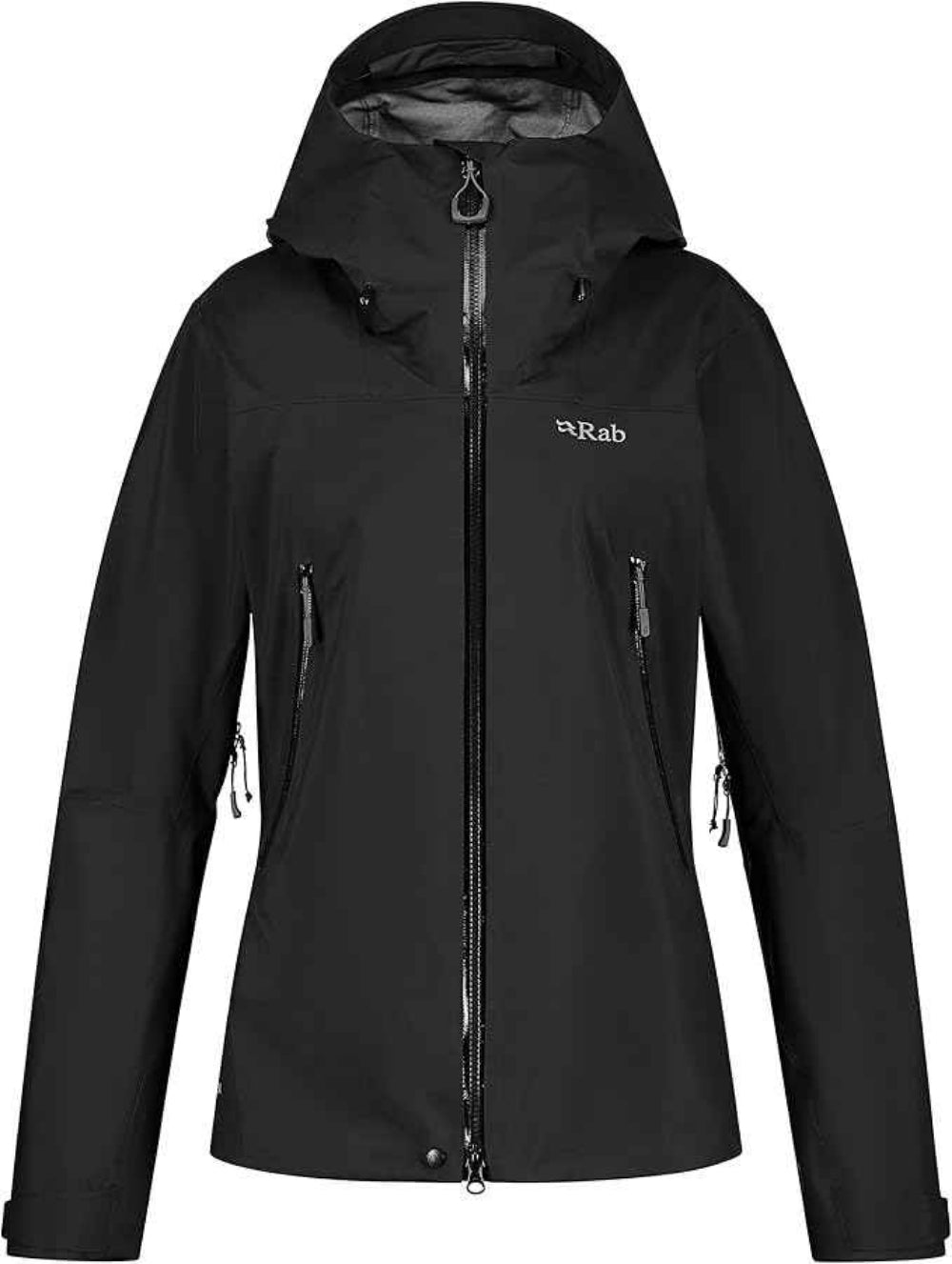 Rab Women's Kangri 3-Layer GORE-TEX Rain Shell Jackets in Black Front View with White Logo on Chest | ScoutTech Outfitters Mississauga Store