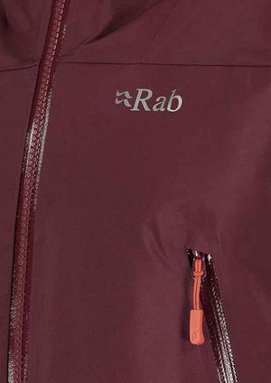 Rab Women's Kangri 3-Layer GORE-TEX Rain Shell Jackets in Burgundy Chest Zip Pocket and Logo Close Up | ScoutTech Outfitters