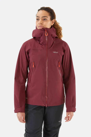 Rab Women's Kangri 3-Layer GORE-TEX Rain Shell Jackets in Burgundy Front View on a Model  | ScoutTech