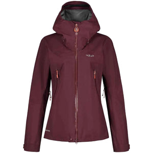 Rab Women's Kangri 3-Layer GORE-TEX Rain Shell Jackets in Burgundy Front View with White Logo on Chest | ScoutTech Outfitters