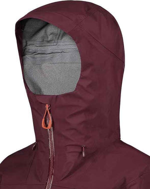 Rab Women's Kangri 3-Layer GORE-TEX Rain Shell Jackets in Burgundy Hood Close Up | ScoutTech Outfitters