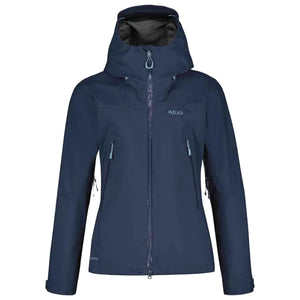 Rab Women's Kangri 3-Layer GORE-TEX Rain Shell Jackets in Deep Ink Blue Front View with Light Blue Logo on Chest | ScoutTech Outfitters Mississauga Store