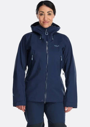 Rab Women's Kangri 3-Layer GORE-TEX Rain Shell Jackets in Deep Ink Blue Front View on a Model | ScoutTech Outfitters