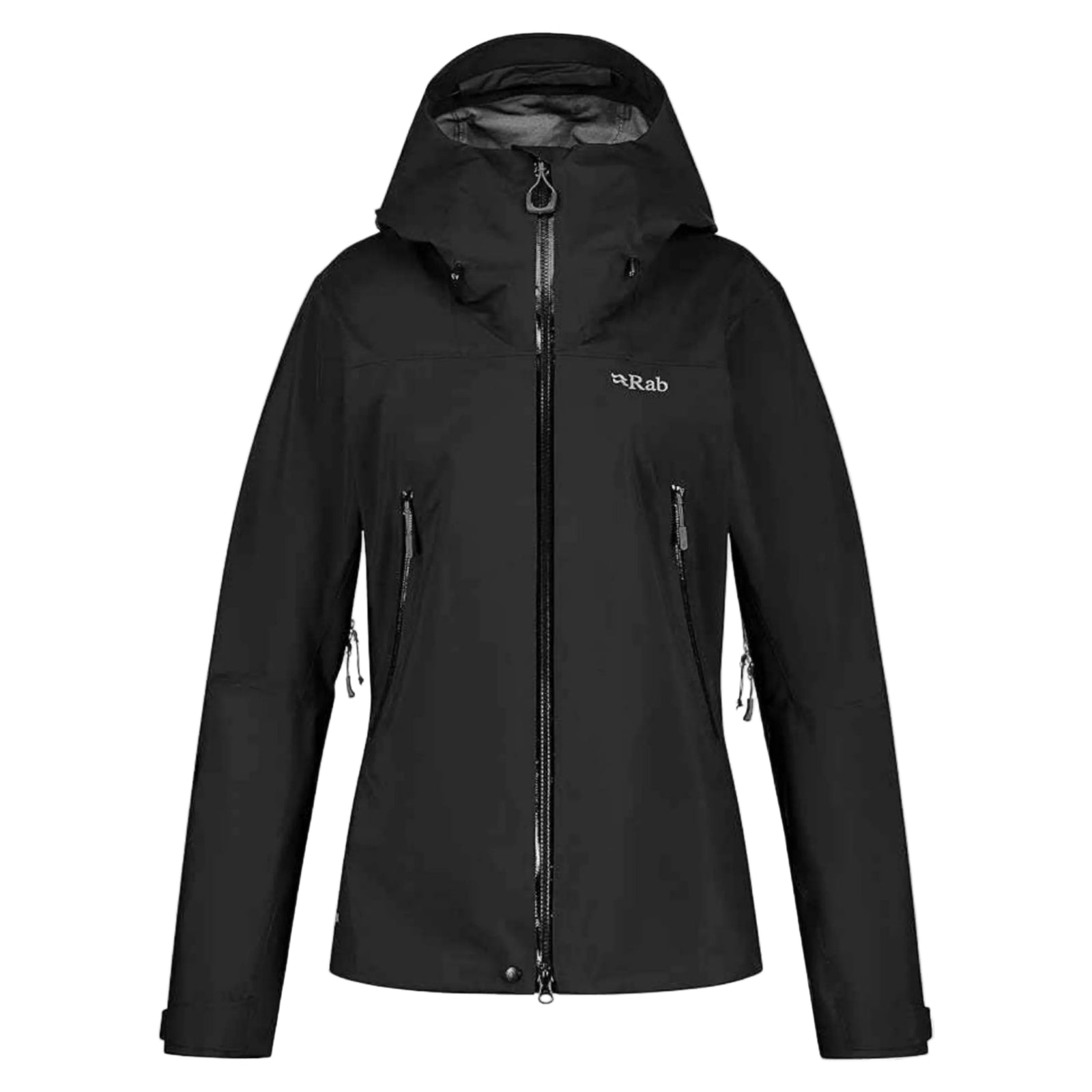Rab Women's Kangri 3-Layer GORE-TEX Rain Shell Jackets in Black Front View with White Logo on Chest | ScoutTech Outfitters Mississauga Store