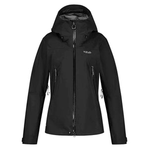 Rab Women's Kangri 3-Layer GORE-TEX Rain Shell Jackets in Black Front View with White Logo on Chest | ScoutTech Outfitters Mississauga Store