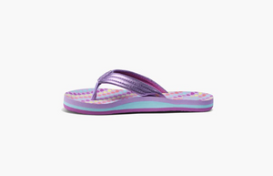 Reef Big Kids AHI Flip Flops in Lavender Hearts with Purple Straps In-Step View | ScoutTech Outfitters Mississauga Store