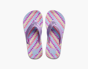 Reef Big Kids AHI Flip Flops in Lavender Hearts with Purple Straps Upper View of Pair | ScoutTech Outfitters