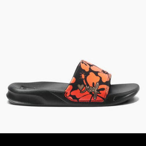 Reef Big Kid's One Slide Sandals in Black with Red Floral Print Strap and Gold Logo | ScoutTech Outfitters Mississauga Store