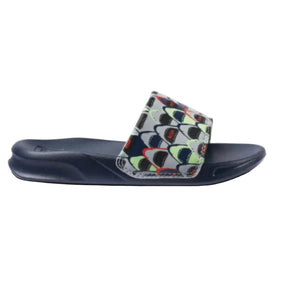 Reef Big Kids One Slide Sandals in Navy Blue with Shark Print Strap Side View | ScoutTech Mississauga 