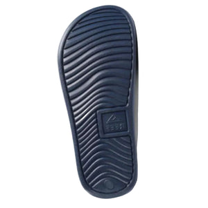 Reef Big Kids One Slide Sandals in Navy Blue with Shark Print Straps and Blue Tread Pattern | ScoutTech Outfitters