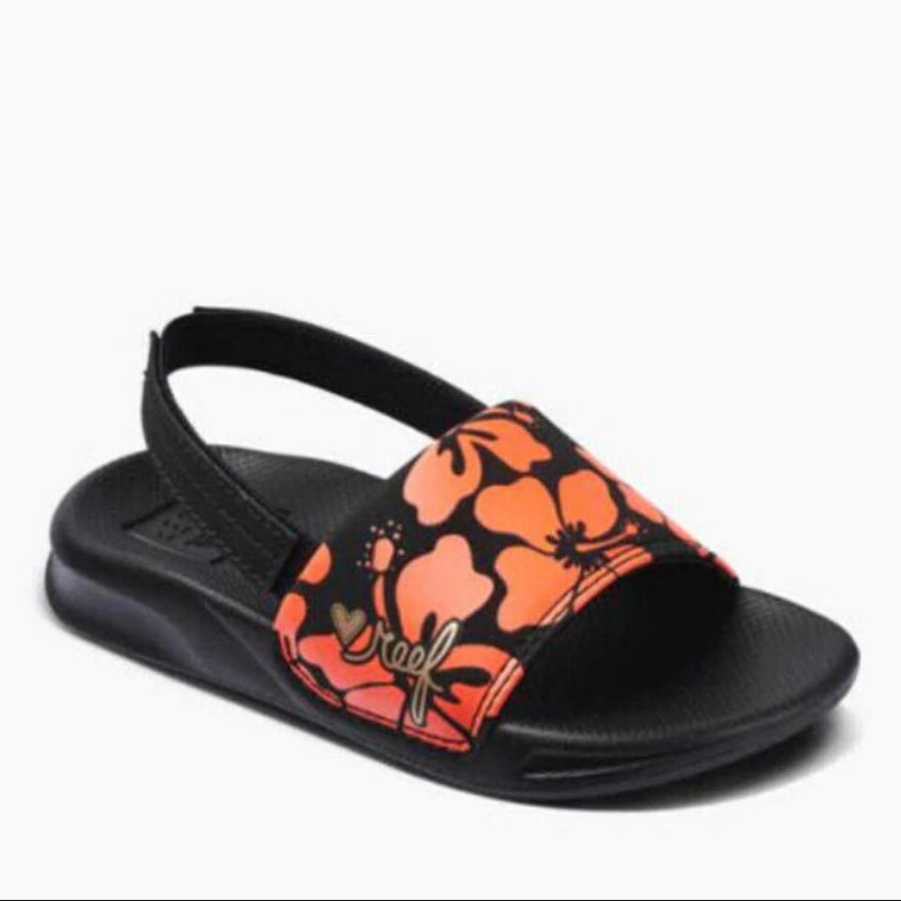 Reef Children's One Slide Water Friendly Sandals with Strap in Black with Red Floral Print | ScoutTech Outfitters