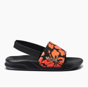 Reef Children's One Slide Water Friendly Sandals with Strap in Black with Red Floral Print and Logo in Gold | ScoutTech Outfitters Mississauga Store