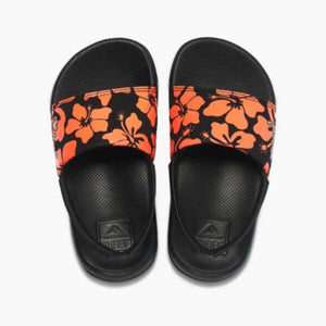Reef Children's One Slide Water Friendly Sandals with Strap in Black with Red Floral Print | ScoutTech Outfitters