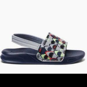 Reef Children's One Slide Water Friendly Sandals with Strap in Navy Blue with Sharks Print | ScoutTech Outfitters Mississauga Store