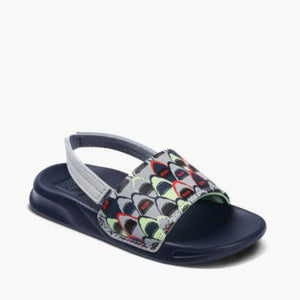 Reef Children's One Slide Water Friendly Sandals with Strap in Navy Blue with Sharks Print | ScoutTech Outfitters Mississauga Store