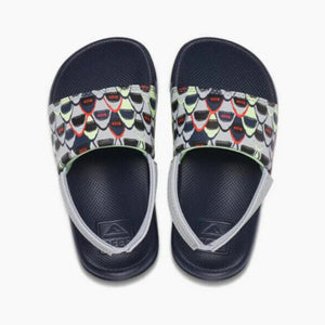 Reef Children's One Slide Water Friendly Sandals with Strap in Navy Blue with Sharks Print Upper View | ScoutTech Outfitters Mississauga Store