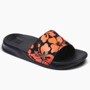 Reef Big Kid's One Slide Sandals in Black with Red Floral Print Strap and Gold Logo Toes View | ScoutTech Outfitters
