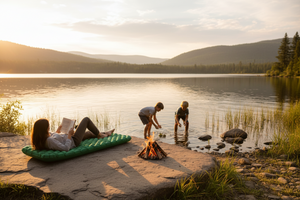 A family camping scene by a lake at sunset, with a woman reading on a green Rockwater Designs Self-Inflating sleeping pad, two children playing in the shallow water, and a small campfire on the shore.