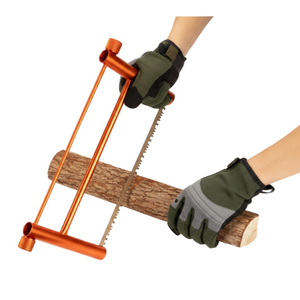 Rockwater Designs Ultralight Collapsible Buck Saw in Orange Ready for a Wood Cutting Demonstration | ScoutTech Outfitters Mississauga Store