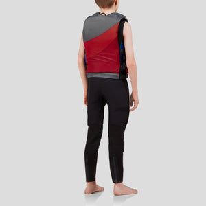 NRS Crew Youth PFD in Red and Grey On Model Back Side | ScoutTech Outfitters Mississauga Store