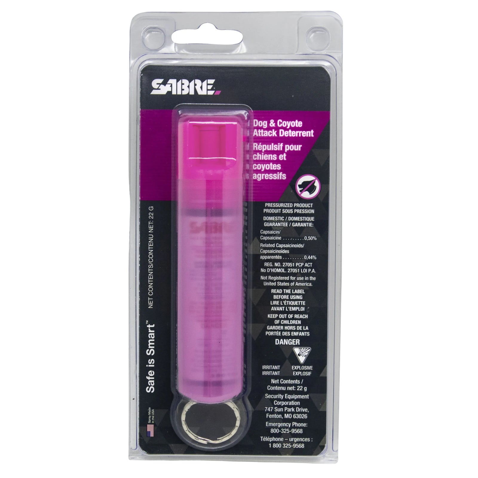 Sabre Dog Attack Deterrent with protective case and key ring in Pink | ScoutTech Outfitters Mississauga Store