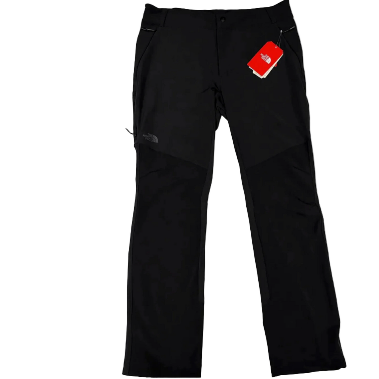 Black technical pants with a red The North Face hangtag, displayed flat against a white background.