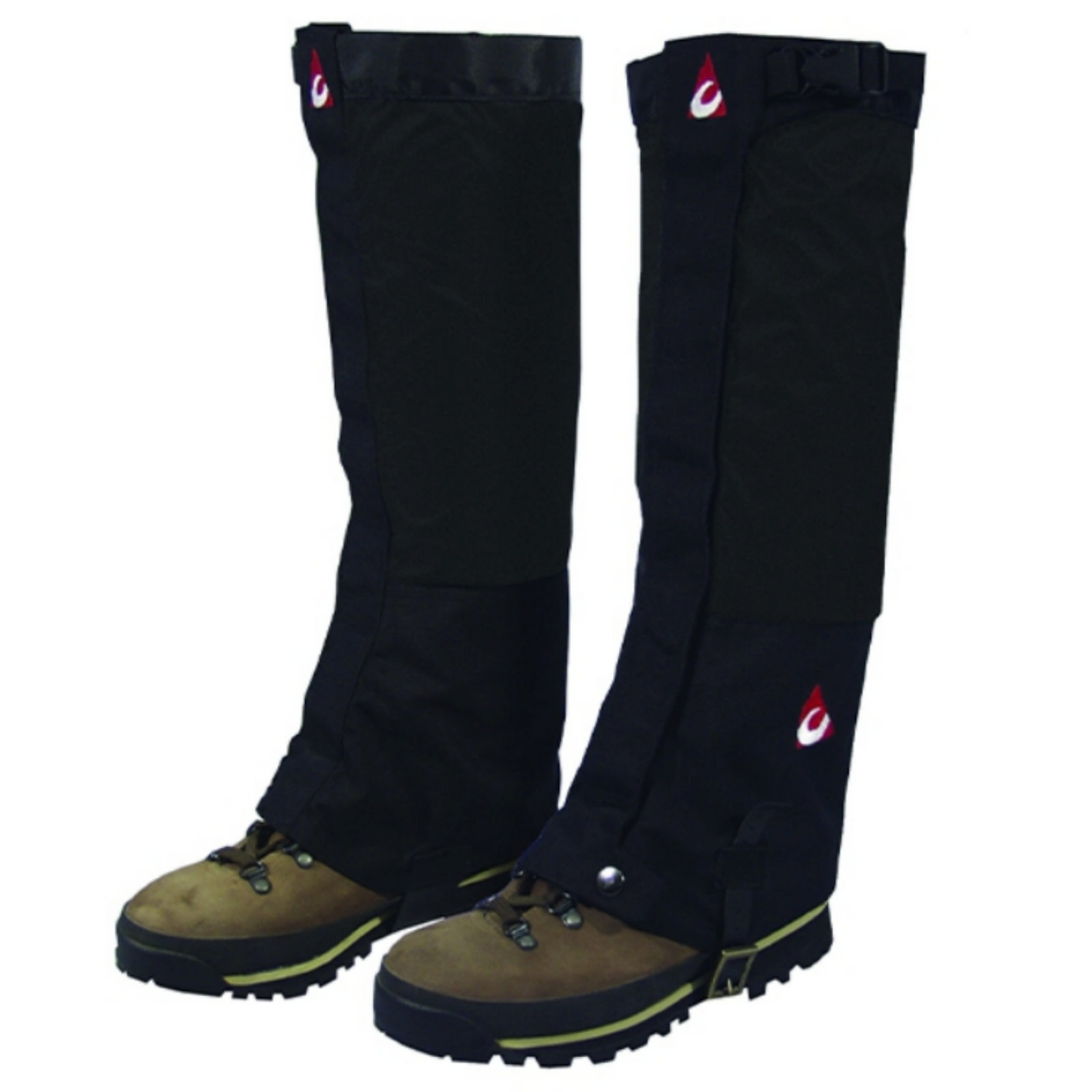 Chinook Unisex Heavy Duty Backcountry Gaiters Sizes 7-9 US Mens in Black Shown Attached Over a Pair of Brown Boots | ScoutTech Outfitters
