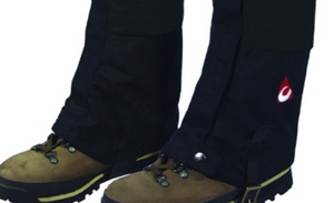Chinook Unisex Heavy Duty Backcountry Gaiters Sizes 7-9 US Mens in Black Close Up of Lower Closures Shown Affixed to a Pair of Brown Hiking Boots | ScoutTech Outfitters