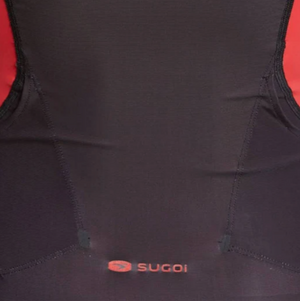 Sugoi Men's RS Tri Tank Tops in Red and Black Close Up of Logo and Materials | ScoutTech Outfitters 
