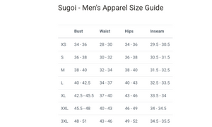 A size guide table titled 'Sugoi - Men's Apparel Size Guide' with columns for Bust, Waist, Hips, and Inseam and rows for sizes XS through 3XL on a white background. | ScoutTech Mississauga Store