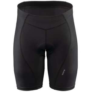 Sugoi Men's Essence Shorts Padded Cycling Tights in Black Front Side with Reflective Brand Logo | ScoutTech Outfitters