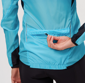 Sugoi Women's Stash Cycling Jacket in Blue Stash Pocket Close Up - ScoutTech Outfitters 