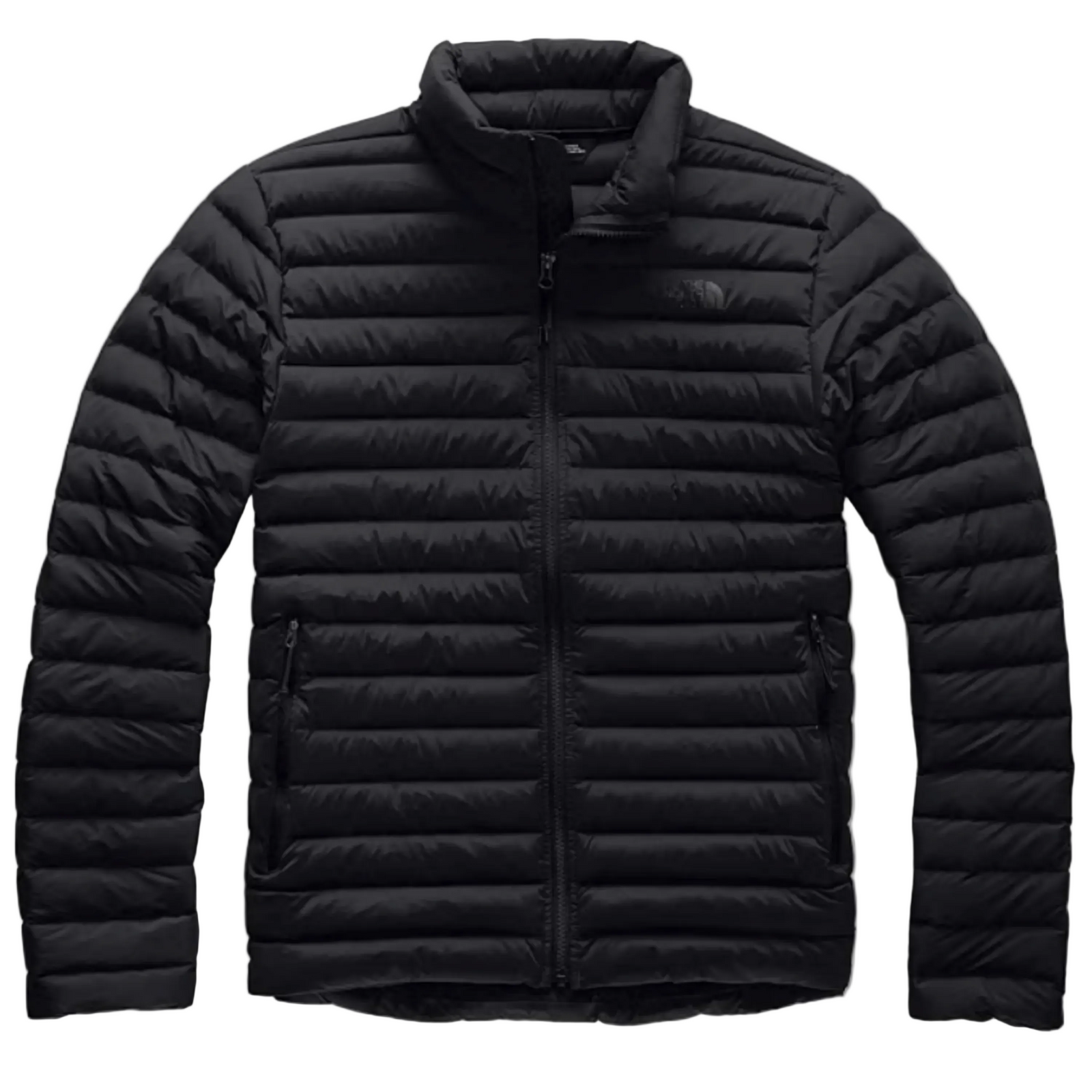 The North Face Men's Stretch Down Puffer Jacket Front View in Black with Dark Grey Logo Showing 2 Front Zippered Pockets | ScoutTech Outfitters