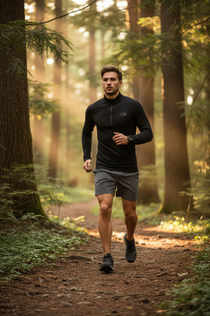 The North Face Men's Warm Long Sleeve Quarter Zip Neck Base Layer Tops in Black worn by a model jogging along a forest trail in the early morning sunshine. | ScoutTech Outfitters Mississauga Store