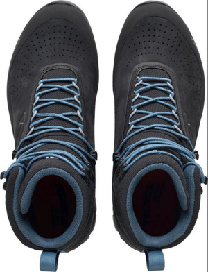 Tecnica Women's Forge GTX Leather Waterproof Trekking Boots in Dark Grey With Blue Laces Upper View | ScoutTech Mississauga Store