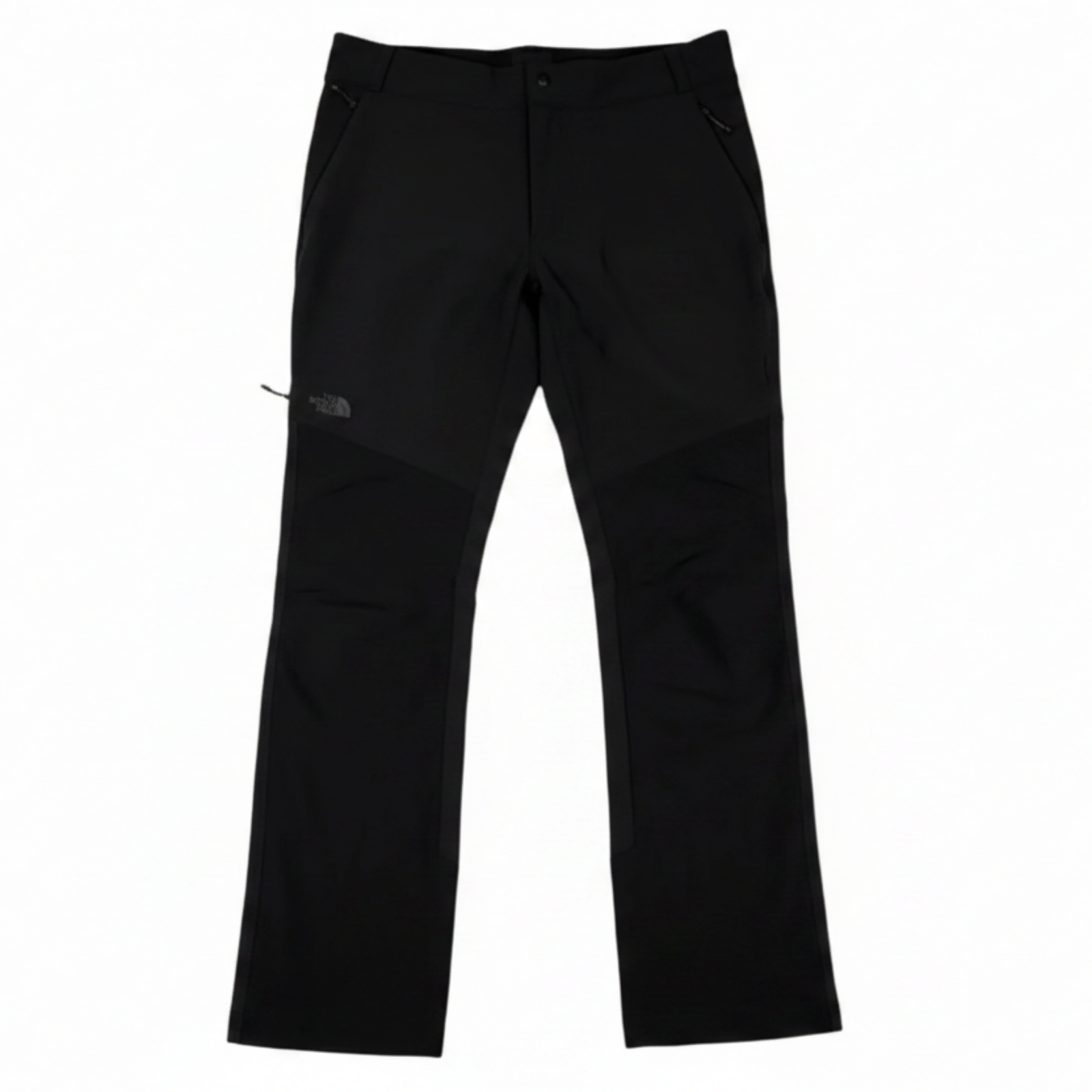 The North Face Women's Impendor Windproof Soft Shell Pants in Black with Grey North Face Logo over Right Thigh Zippered Pocket