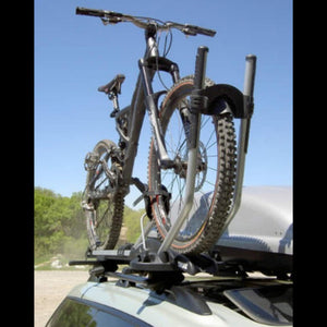 Thule 597 Super G Premium Upright Rooftop Bike Carrier Mounted on a Vehicle Carrying a black mountain bike - ScoutTech Outfitters