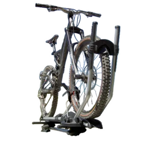 Thule 597 Super G Upright Rooftop Bike Carrier with Mountain Bike Secured and white background | ScoutTech Outfitters 